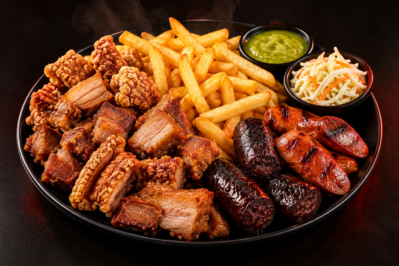 Composición ilustrativa de cochino frito, chicharrón, papas y chorizos